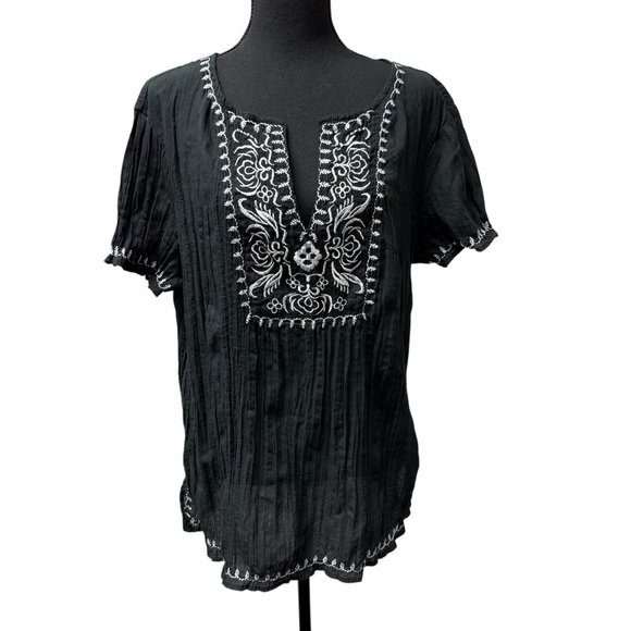 Cato Tops - Cato Black White Embroidered Boho Peasant Top Pintuck Short Sleeve XL Tunic